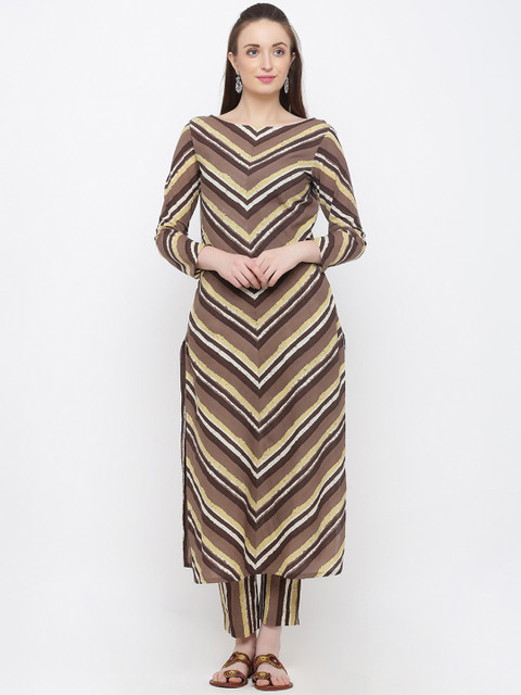 

Indian Virasat Women Brown & Beige Printed Kurta with Trousers
