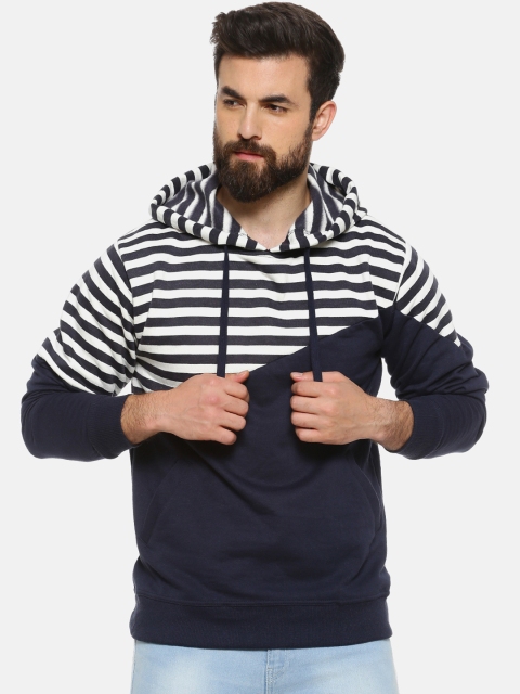 

Campus Sutra Men White & Navy Blue Striped Hooded Sweatshirt