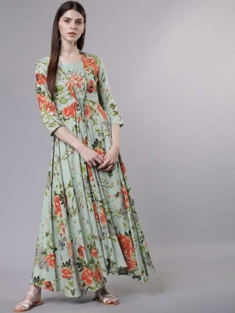 

Vishudh Women Sea Green & Orange Embroidered A-Line Kurta with Jacket