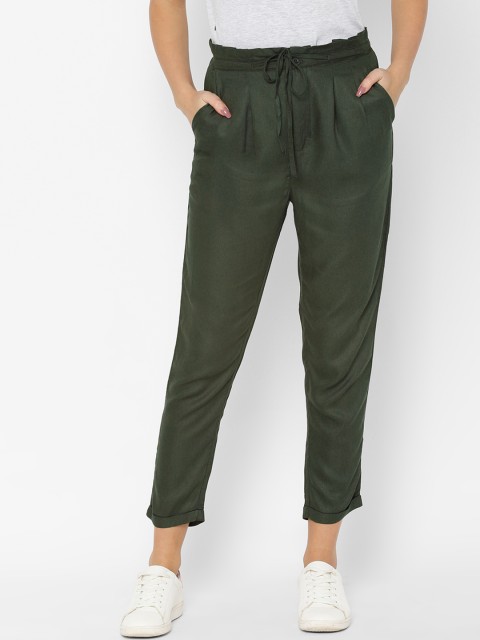 

People Women Olive Green Regular Fit Solid Peg Trousers