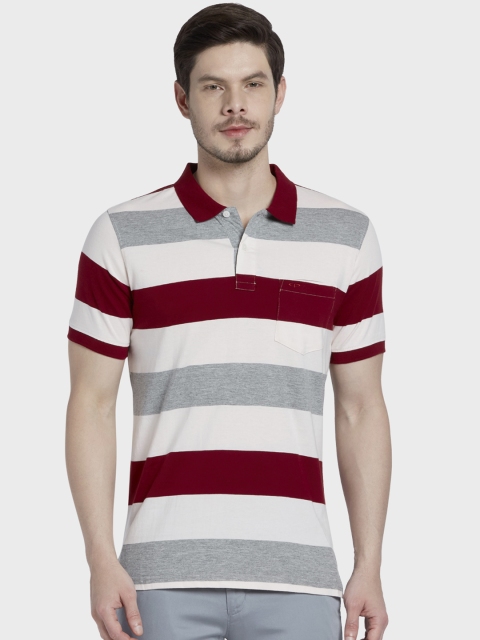 

ColorPlus Men Maroon & Grey Striped Polo Collar T-shirt