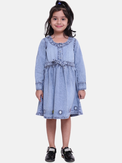 

BownBee Girls Blue Solid Fit and Flare Denim Dress