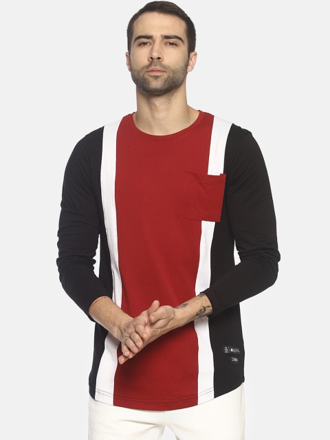 KULTPRIT Men Red & Navy Blue Colourblocked Slim Fit Round Neck T-shirt