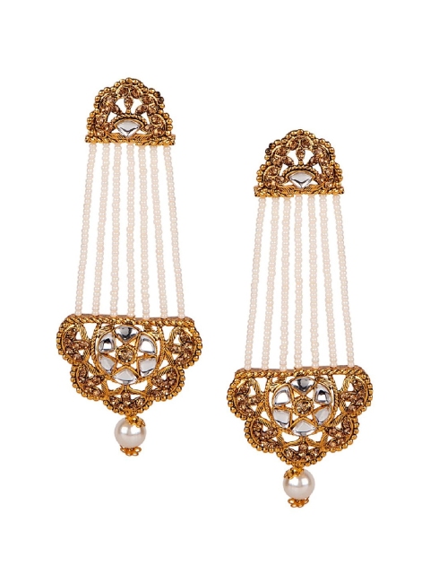 

ANIKAS CREATION Gold-Plated & White Pearl Studded Classic Drop Earrings