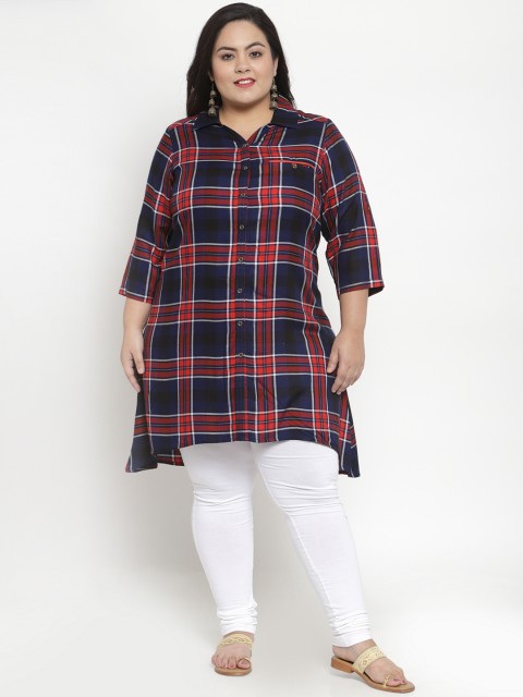 

plusS Women Red & Navy Checked Kurta, Navy blue