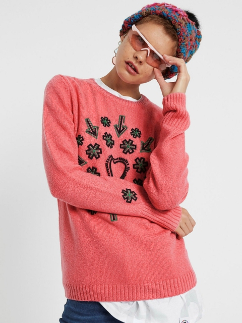 

Desigual Women Pink Self Design Pullover Sweater