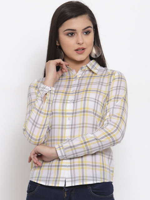 

Purple State Women White & Yellow Slim Fit Checked Casual Shirt