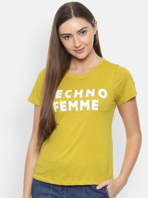 

People Women Yellow Printed Round Neck T-shirt