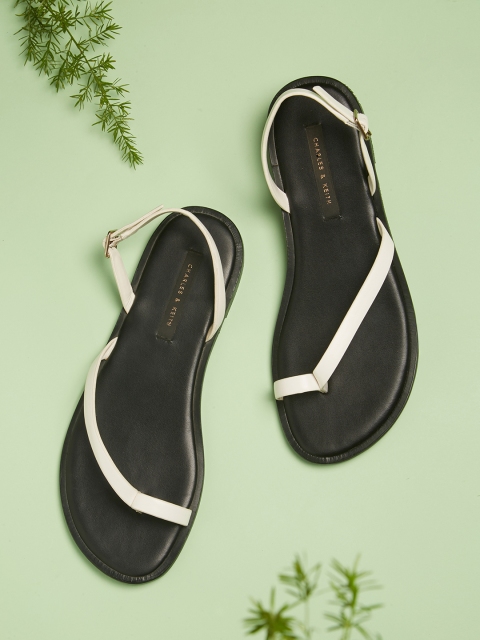 

CHARLES & KEITH Women White Solid Synthetic Patent Open Toe Flats