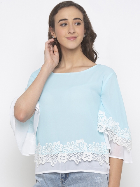

Iti Women Blue Solid Top with Lace Trim