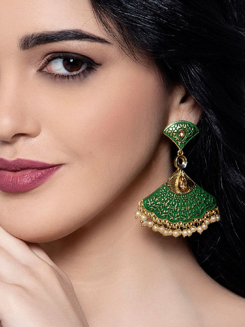 

ANIKAS CREATION Green & Gold-Plated Triangular Enamelled Kundan Studded Drop Earrings