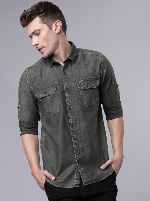 

Ecko Unltd Men Olive Green & Grey Slim Fit Solid Casual Shirt