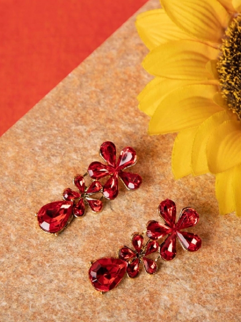 

ANIKAS CREATION Red & Gold-Plated Handcrafted Floral Drop Earrings