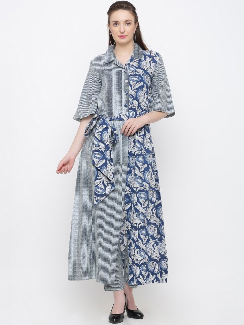 

Indian Virasat Women Blue & Off-White Printed Kurta with Trousers