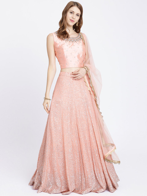

Koskii Peach-Coloured Ready to Wear Lehenga & Blouse with Chiffon Designer Dupatta