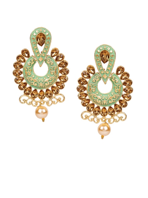 

ANIKAS CREATION Sea Green & Gold-Plated Circular Enamelled Chandbalis