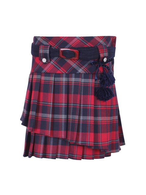 

CUTECUMBER Girls Red & Navy Blue Checked Knee-Length Layered Skirt