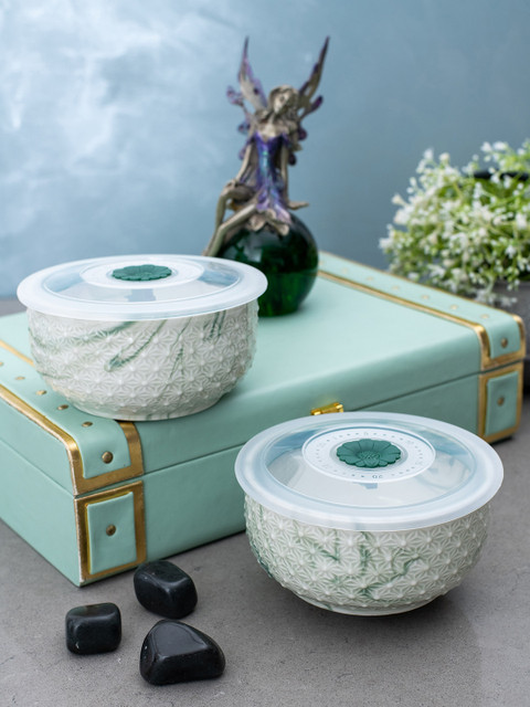 

White Gold Set of 2 White & Green Airtight Bowls with Plastic Lids