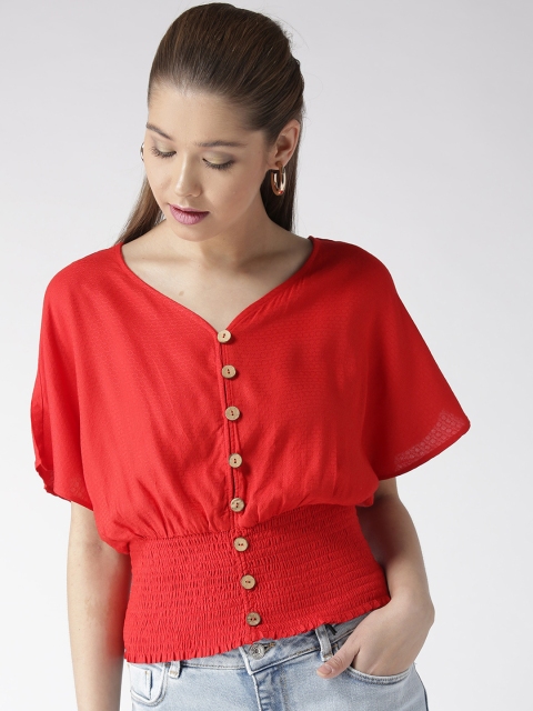 

MIWAY Women Red Dobby Self Design Smocked Blouson Top