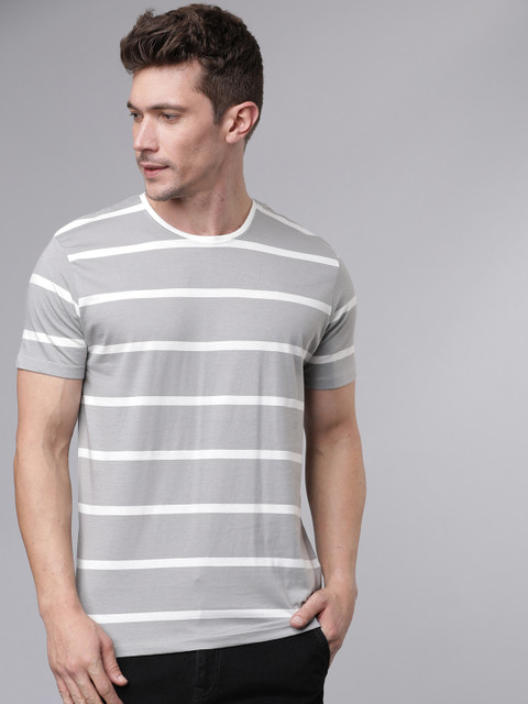 

Ecko Unltd Men Grey & White Striped Slim Fit Round Neck T-shirt