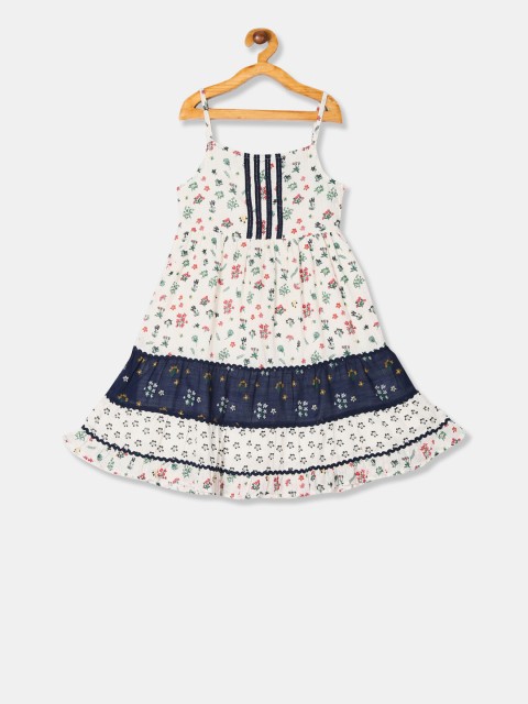 Cherokee Girls White & Navy Blue Floral Print Tiered A-Line Dress