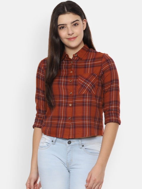 

People Women Rust Brown Regular Fit Checked Casual Shirt