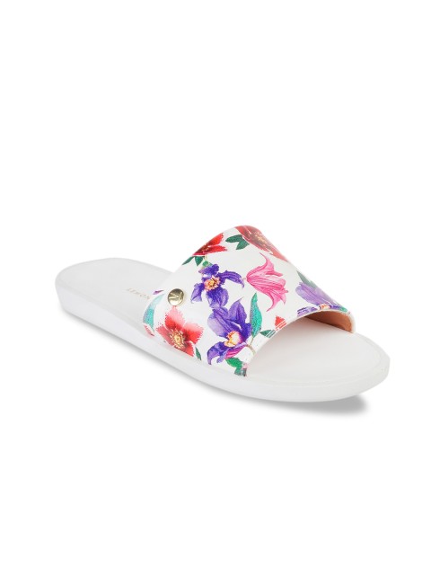 

LEMON & PEPPER Women White & Purple Floral Printed Open Toe Flats