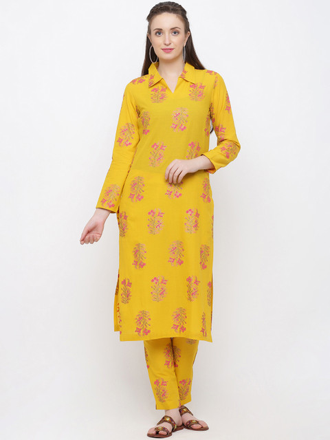 

Indian Virasat Women Yellow & Pink Printed Kurta with Trousers