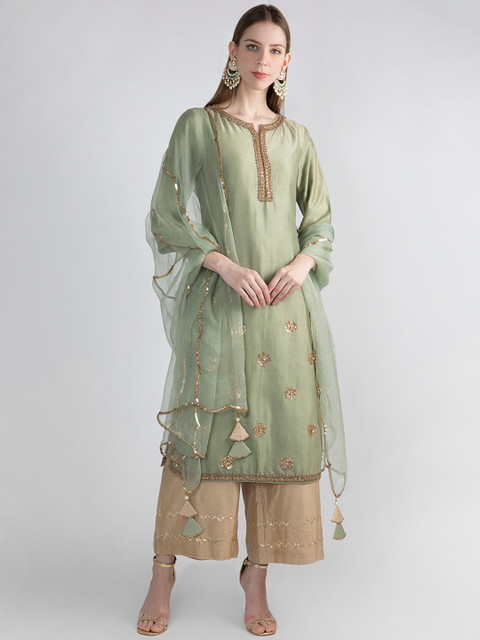 

Pernia Pop-Up Shop By Priyanka Singh Women Green & Beige Kurta with Palazzos & Dupatta