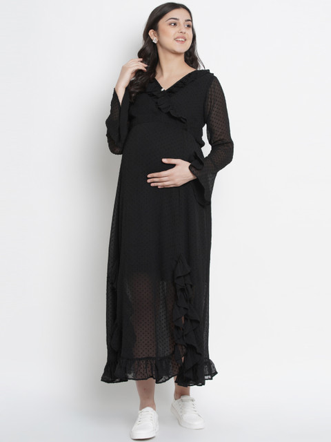 

Mine4Nine Women Black Self Design Maternity Wrap Dress