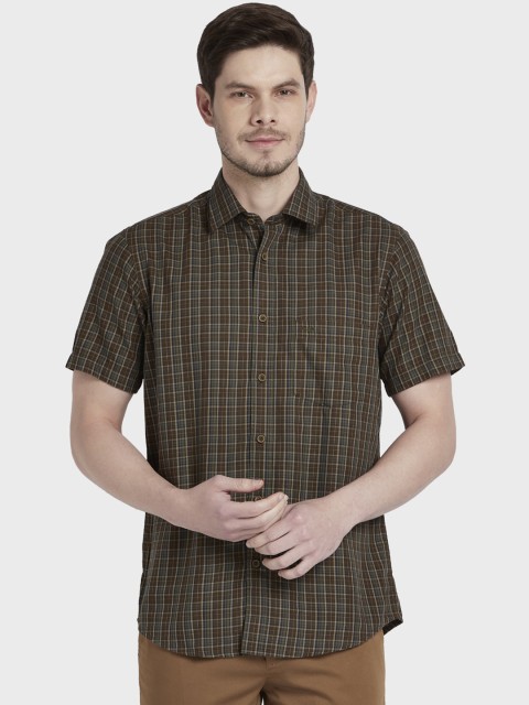 

ColorPlus Men Olive Brown & Navy Blue Tailored Fit Checked Casual Shirt
