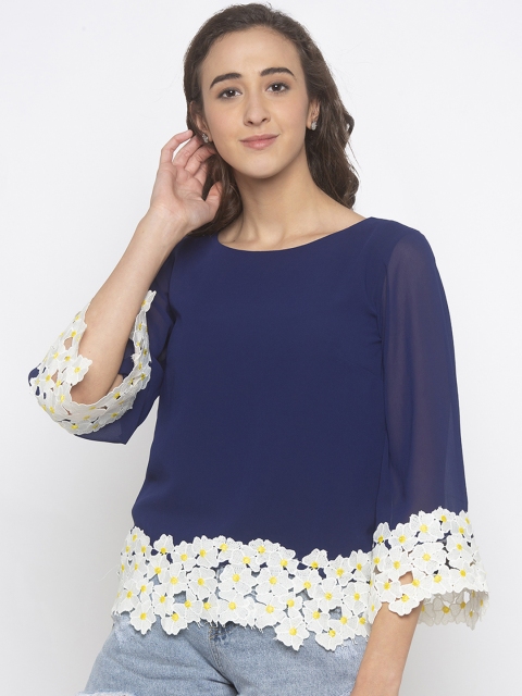 

Iti Women Navy Blue Solid Lace Trim Top