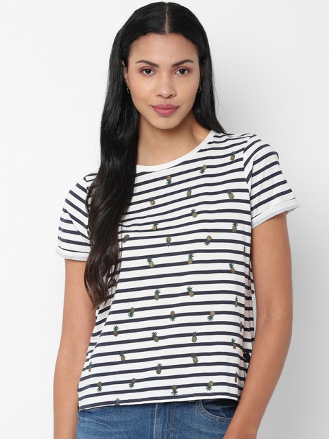

People Women White & Navy Blue Striped Pure Cotton Top