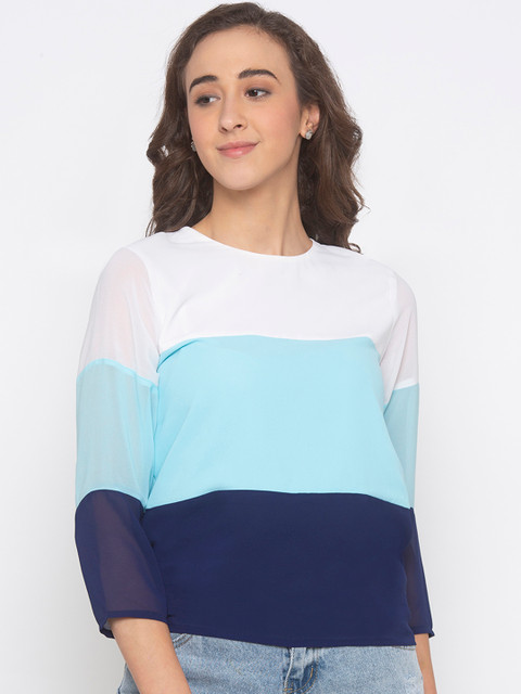 

Iti Women White & Blue Colourblocked Top
