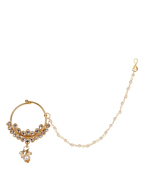 

ANIKAS CREATION Gold-Plated & White Beaded & Stone-Studded Chained Nose Ring