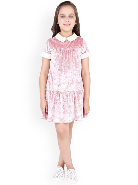 

One Friday Girls Pink Solid Velvet Drop-Waist Dress