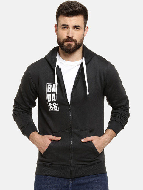 

Campus Sutra Men Black & White Printed Hooded Sweatshirt