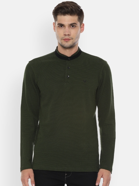 

Allen Solly Men Olive Green Self Design Mandarin Collar T-shirt