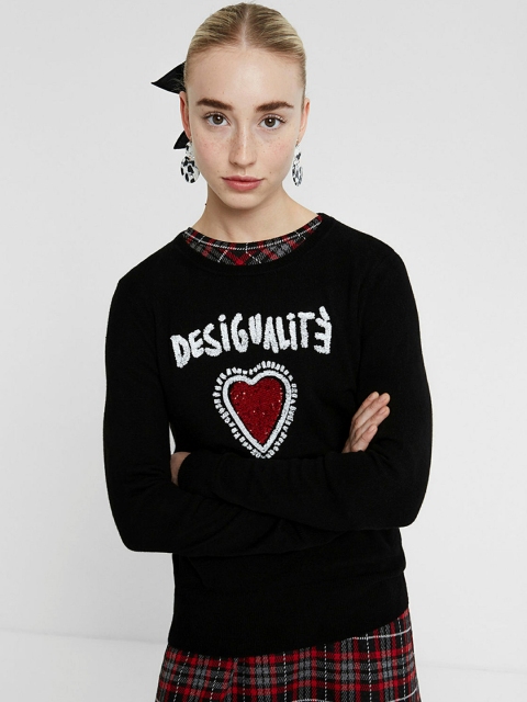 

Desigual Women Black Self Design Pullover Sweater