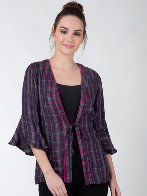 

ADORENITE Women Grey & Purple Tartan Checked Tie-Up Loungewear Shrug