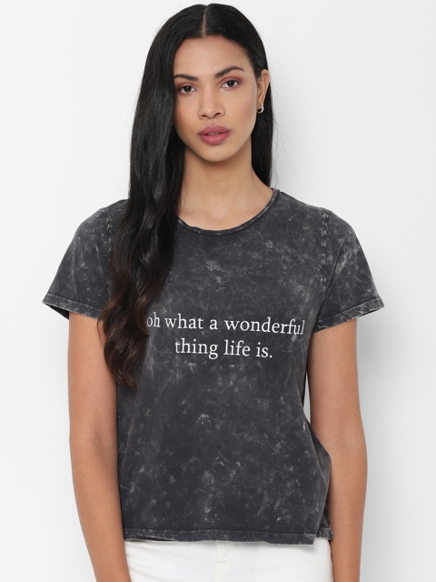 

People Women Grey Printed Round Neck Pure Cotton T-shirt