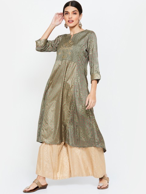 

Melange by Lifestyle Women Olive Green Foil Printed A-Line Kurta
