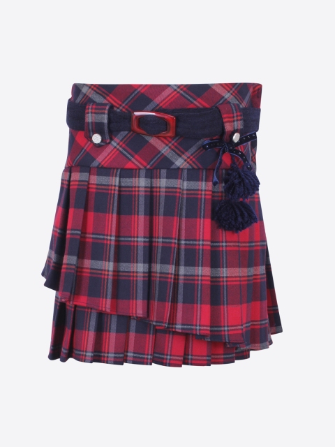 

CUTECUMBER Girls Red & Navy Blue Checked Knee-Length Layered Skirt