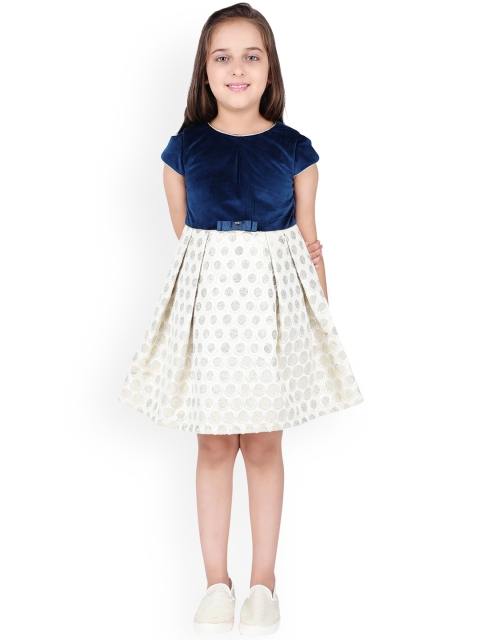 

One Friday Girls Navy Blue Self Design Velvet Bodice Fit and Flare Dress