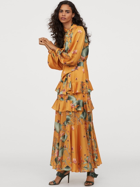 

H&M Women Mustard Yellow Floral Print Long Tiered Dress with a Scarf Collar