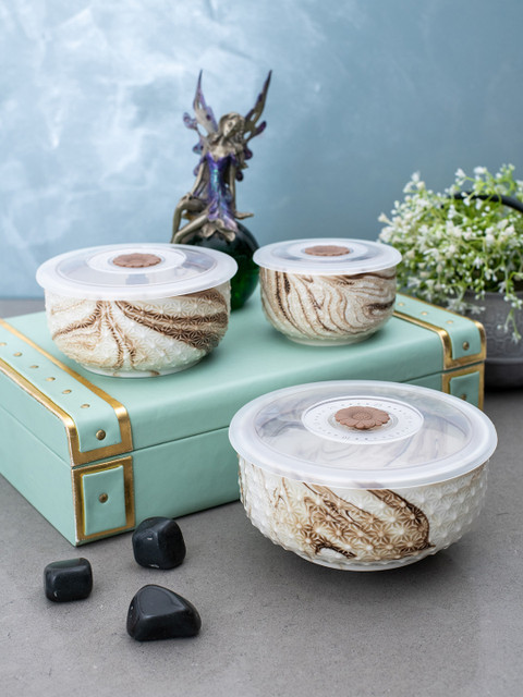 

White Gold Set of 3 Beige & White Printed Airtight Porcelain Food Containers