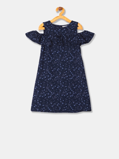 

Cherokee Girls Navy Blue Floral Printed A-Line Dress