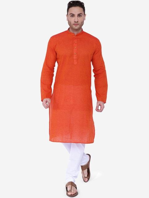 

RAJUBHAI HARGOVINDAS Men Orange & White Printed Handloom Kurta with Churidar