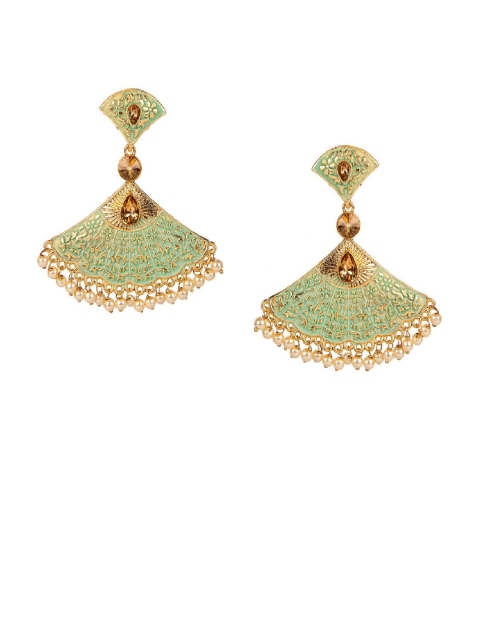 

ANIKAS CREATION Sea Green & Gold-Plated Triangular Enamelled Drop Earrings