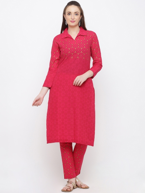 

Indian Virasat Women Pink & Gold-Toned Printed Kurta with Trousers